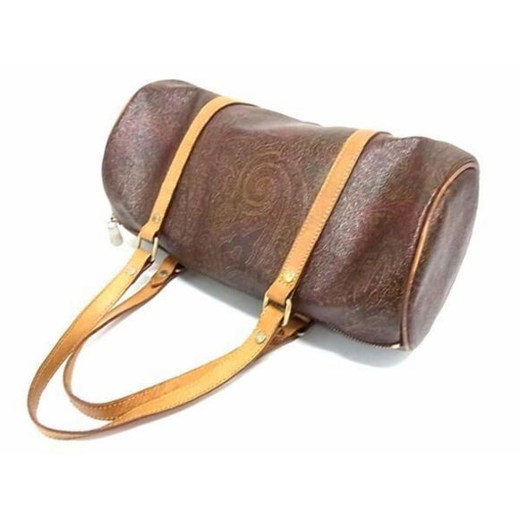 Etro VTG Bordeaux Paisley Coated Canvas & Leather Barrel Bag  Etro Bordeaux Paisley Barrel Bag Coated Canvas Leather Trim Vintage Y2K Italy